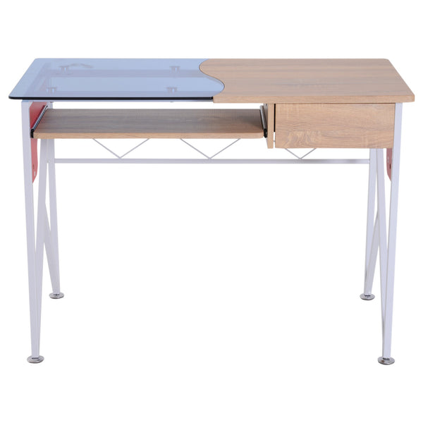 online Schreibtisch aus Holz und Glasplatte mit Schublade und ausziehbarem Tastaturhalter 105 x 55 x 75 cm