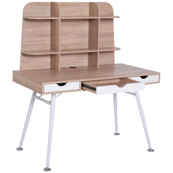 sconto Schreibtisch mit Schubladen und Bücherregal aus weißem Holz und Eiche 120 x 65,5 x 138,5 cm