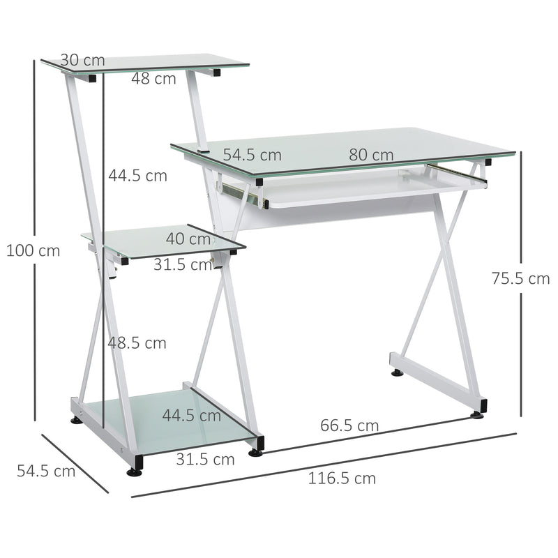 Scrivania da Ufficio Porta PC 116,5x54,5x100 cm con Mensole e Piano in Vetro  Bianca-3