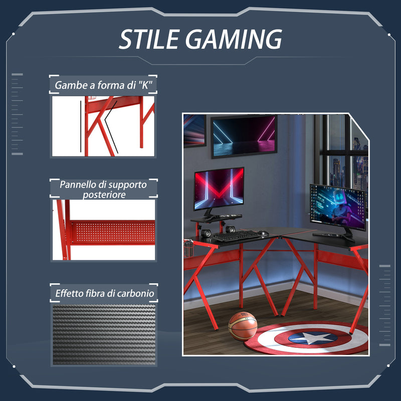 Scrivania da Gaming Angolare 125x125x75 cm in Metallo Nero e Rosso-5