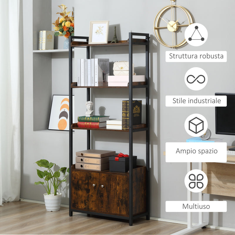 Libreria 4 Ripiani 2 Ante 75x30x180 cm in Legno Truciolare e Metallo Marrone-7