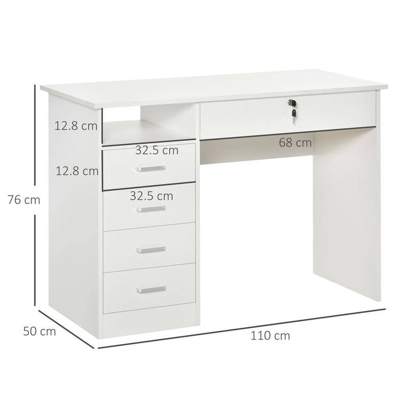 Scrivania da Ufficio 110x50x76 cm 5 Cassetti in Legno Bianco-3