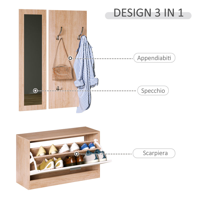 Set 3 Pezzi Scarpiera Appendiabiti Specchio da Ingresso in Legno 80x27x46.5 cm -4