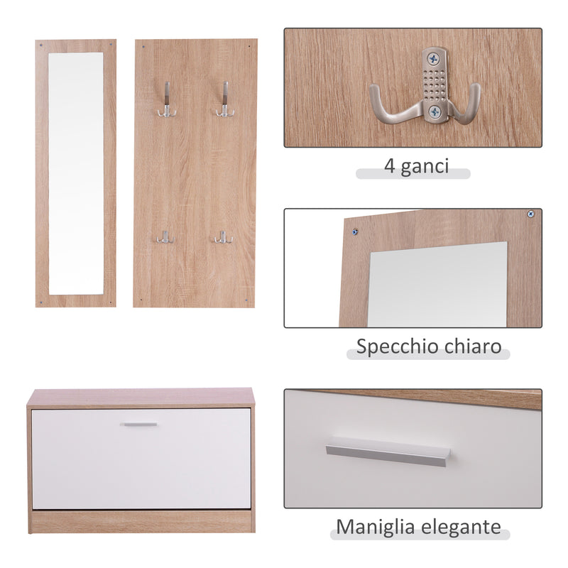 Set 3 Pezzi Scarpiera Appendiabiti Specchio da Ingresso in Legno 80x27x46.5 cm -6