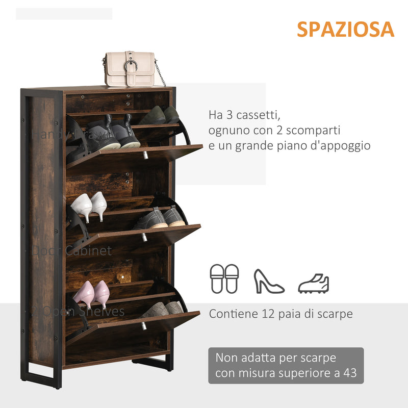 Scarpiera 3 Scomparti 60x24x115 cm 12 Paia in Legno e Metallo Marrone-4