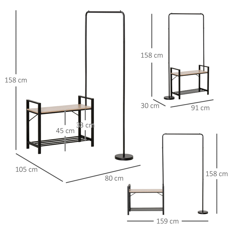 Appendiabiti Panchina per Ingresso 91x30x158 cm con Scarpiera in Legno e Metallo Nero-3