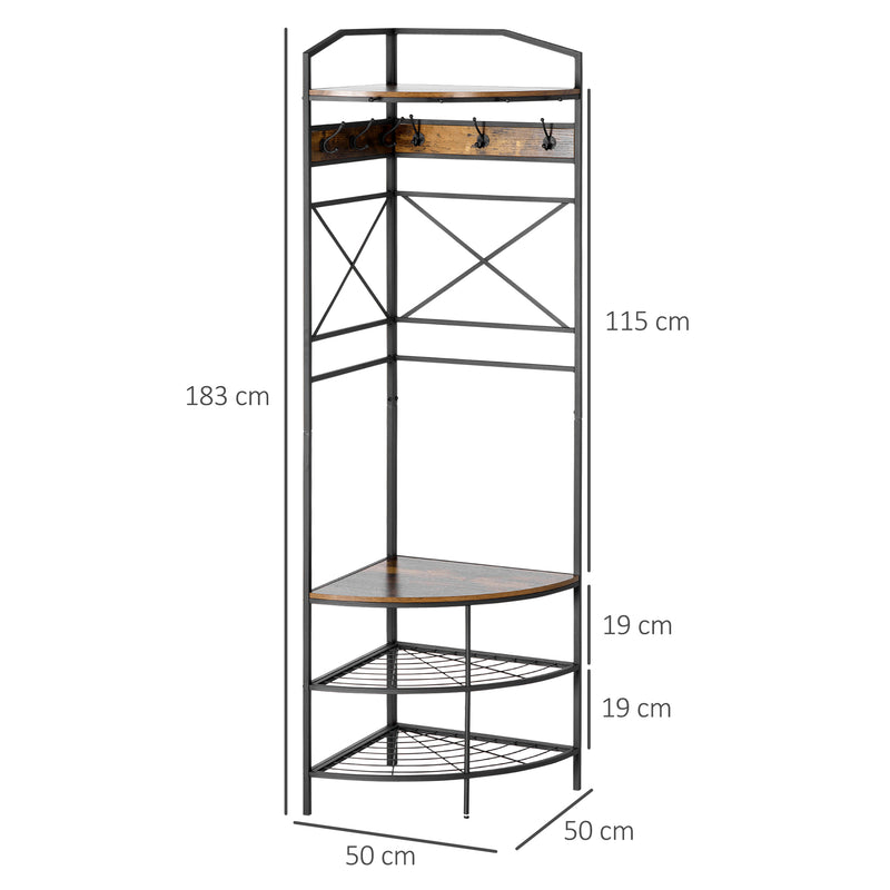 Appendiabiti Angolare da Terra 50x50x183 cm in Legno e Acciaio con Panca e Scarpiera Marrone-3