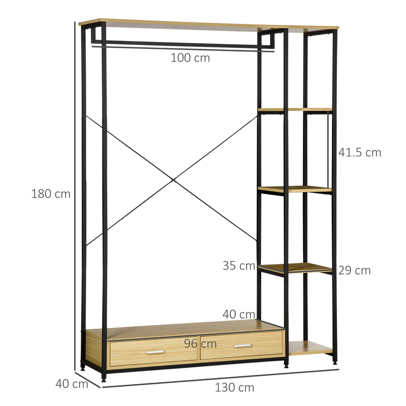 Appendiabiti con 2 Cassetti 4 Ripiani 130x40x180 cm in Acciaio e Truciolato Nero e Legno-3