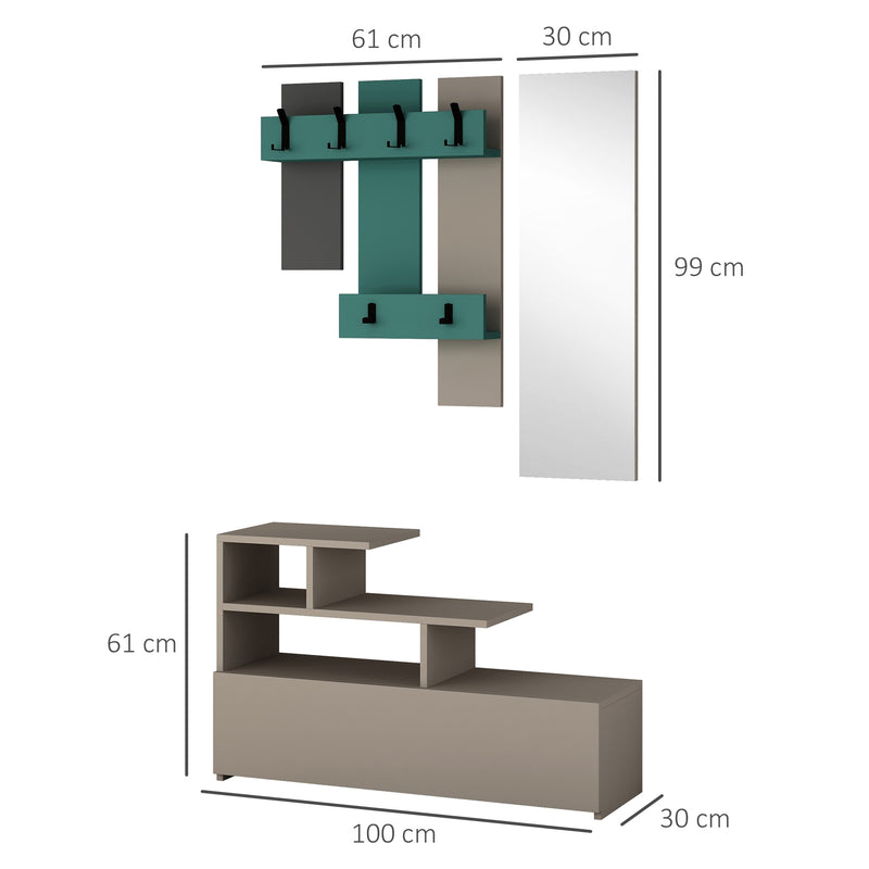 Mobile Ingresso 3 in 1 con Scarpiera Appendiabiti e Specchio Grigio e Turchese-3