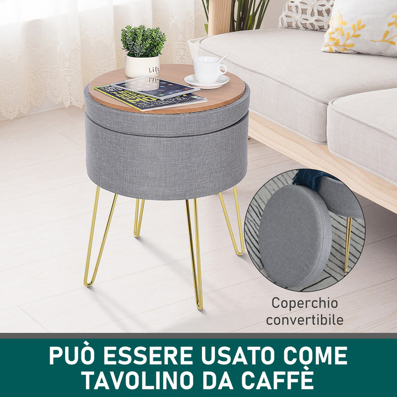 Pouf Contenitore 2 in 1 36x36x45 cm in Metallo Oro e Tessuto Grigio-4