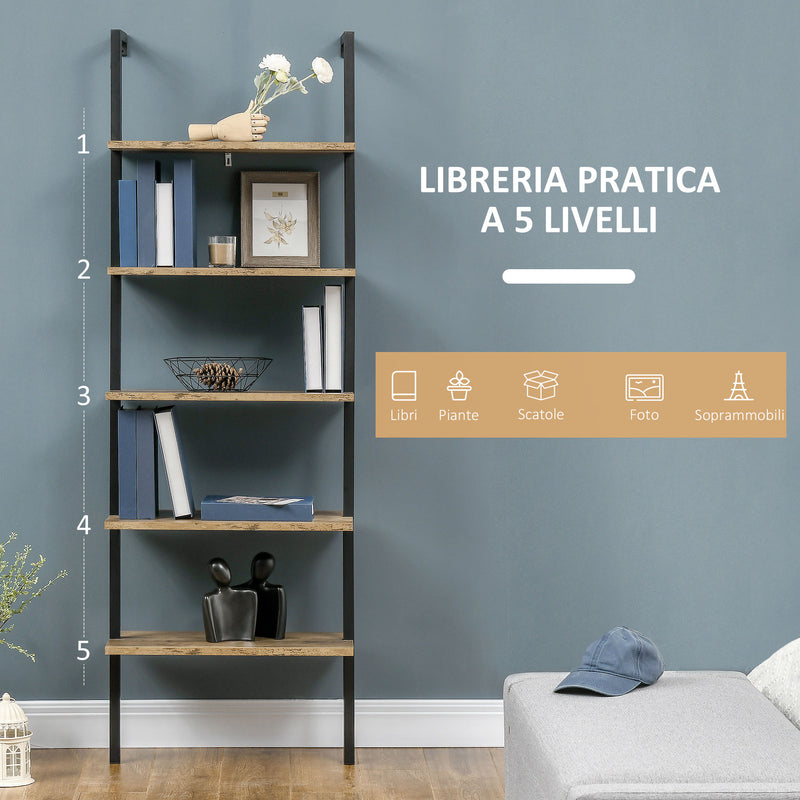 Libreria a Scala 60x30x184,5 cm 5 Ripiani in Legno e Metallo Marrone-4