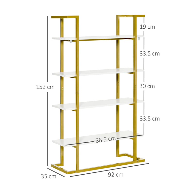 Libreria 4 Ripiani 92x35x152 cm in MDF e Acciaio Bianco e Oro-3