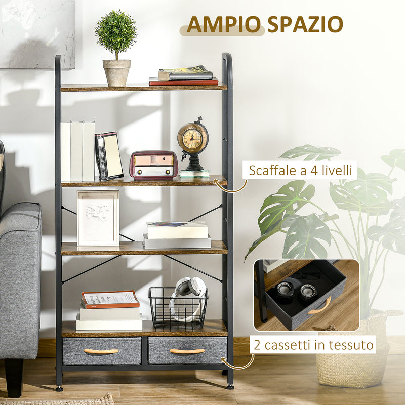 Libreria 4 Scaffali 2 Cassetti 64x27,5x121 cm in Acciaio e Truciolato-5