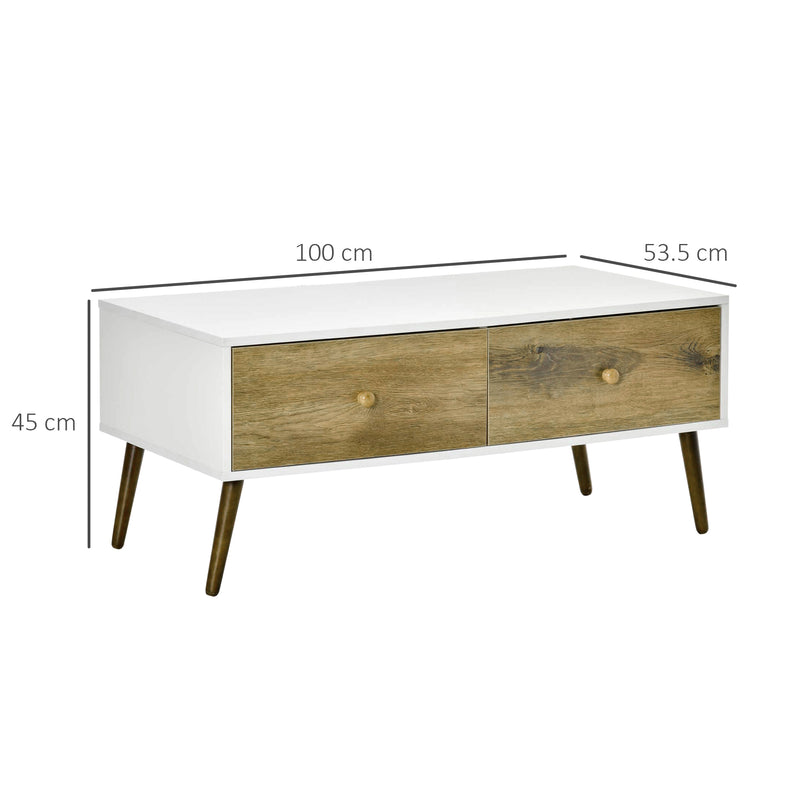 Tavolino Basso 4 Cassetti 100x53,5x45 cm in Truciolare e Legno di Faggio Bianco-3