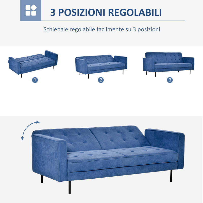 Divano Letto 3 Posti 187x91x85 cm in Tessuto Blu-5