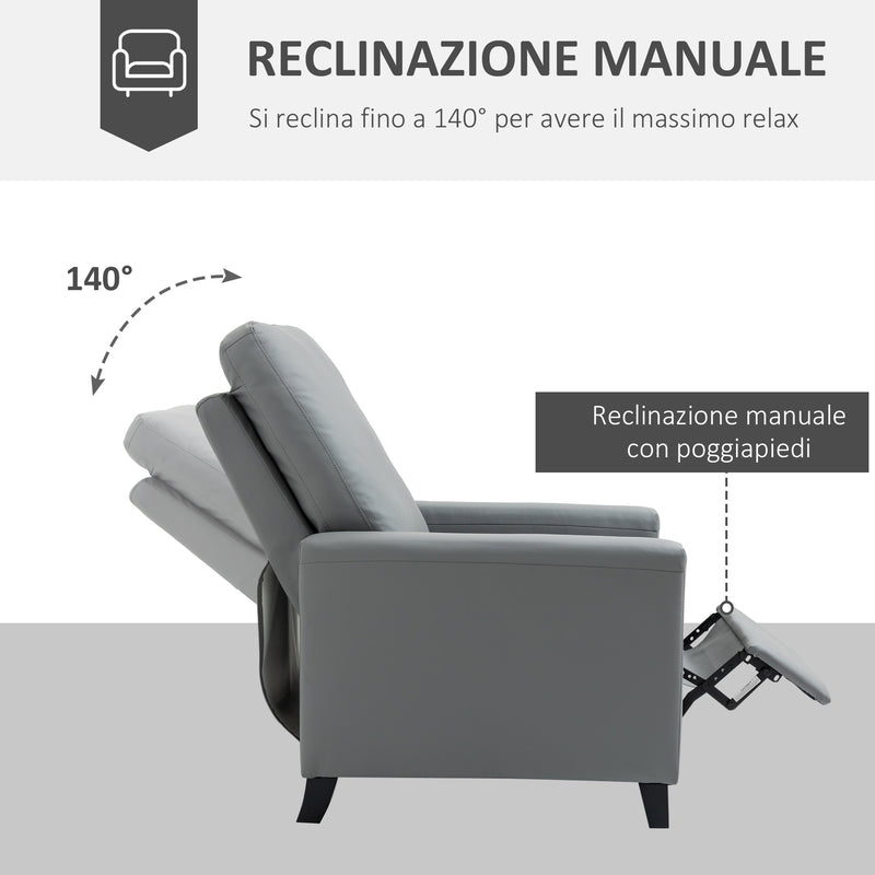 Poltrona Relax Manuale Reclinabile in Similpelle Grigio-5