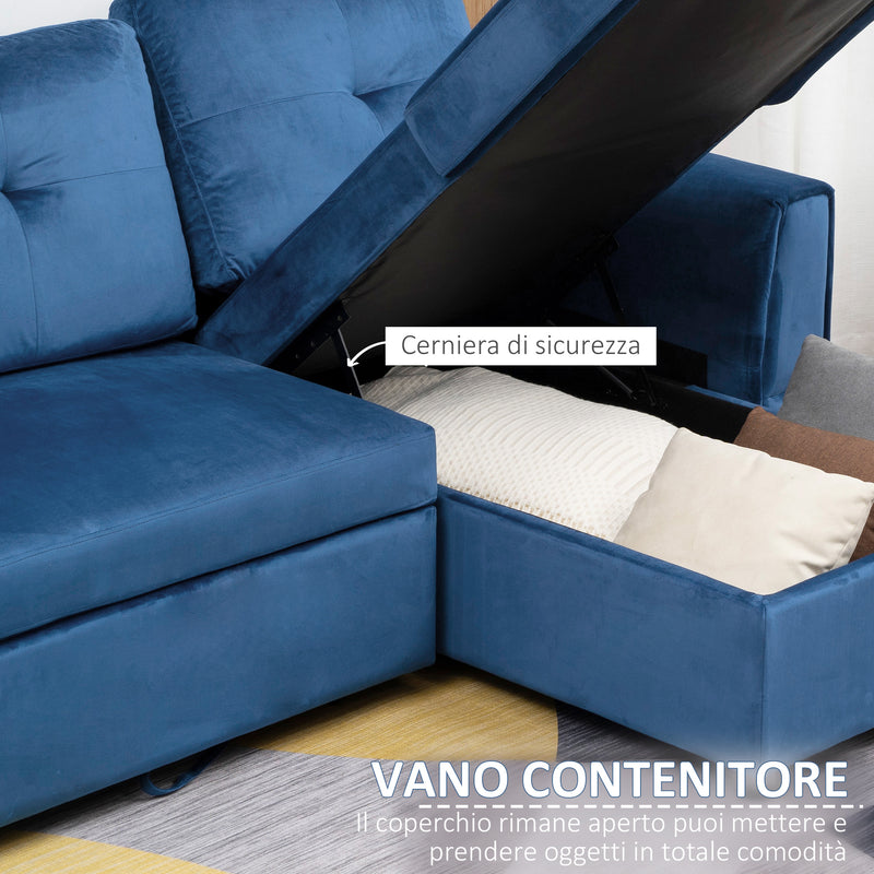 Divano Letto 3 Posti con Chaise Longue Contenitore 232x141x85 cm in Tessuto Effetto Lino Blu-5