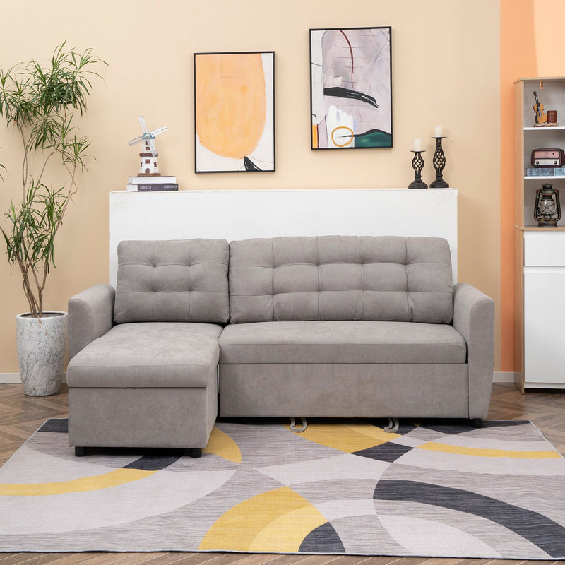 Divano Letto 3 Posti con Chaise Longue Contenitore 217x134x85 cm in Tessuto Effetto Lino Grigio-2