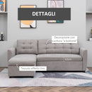 Divano Letto 3 Posti con Chaise Longue Contenitore 217x134x85 cm in Tessuto Effetto Lino Grigio-6