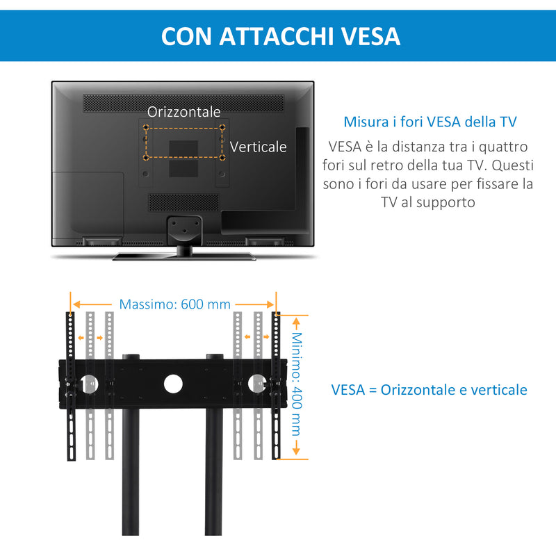 Carrello Supporto per TV 32"-65" Vesa 60x40 cm in Acciaio Nero-6