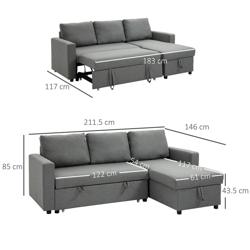 Divano Letto 3 Posti con Chaise Longue Contenitore 211,5x146x85 cm in Tessuto Effetto Lino Grigio-3