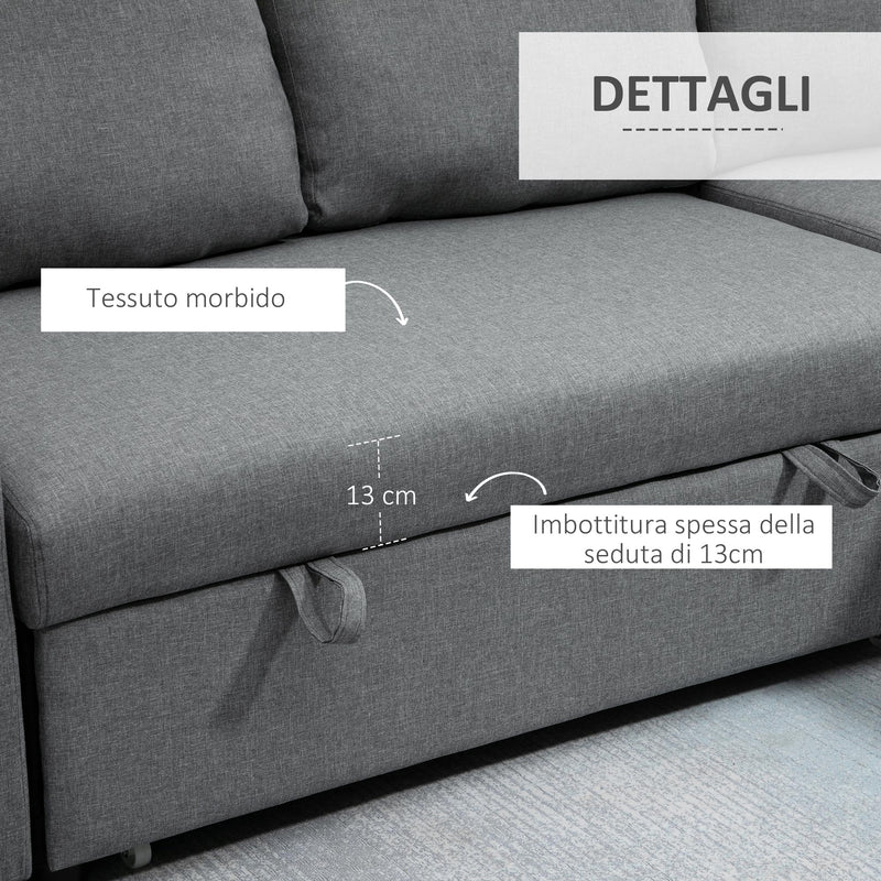 Divano Letto 3 Posti con Chaise Longue Contenitore 211,5x146x85 cm in Tessuto Effetto Lino Grigio-6