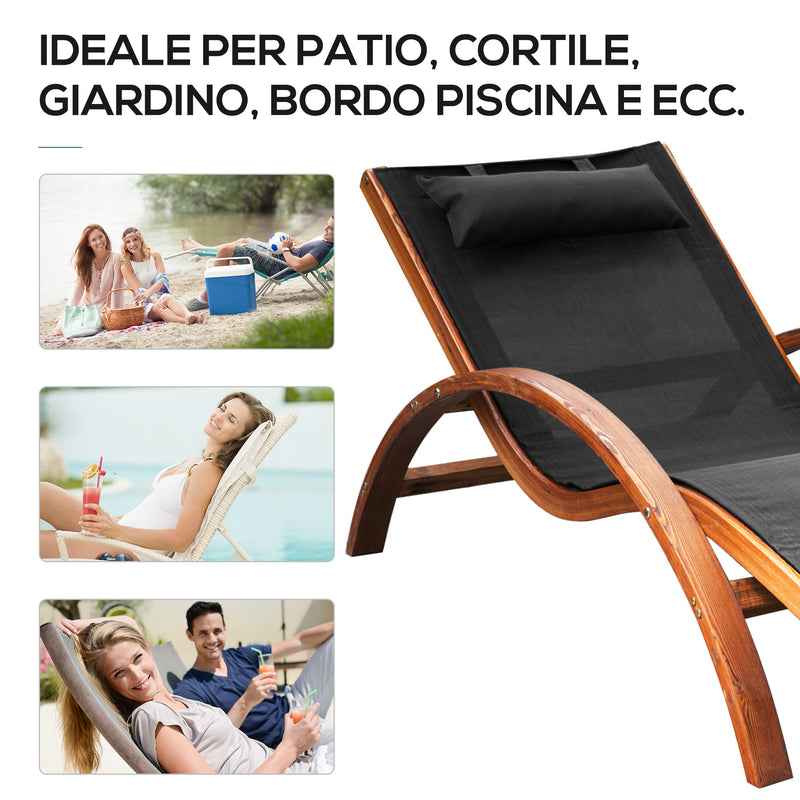 Lettino Prendisole Chaise Longue 165x72x86 cm in Legno e Tessuto a Rete Nero-6