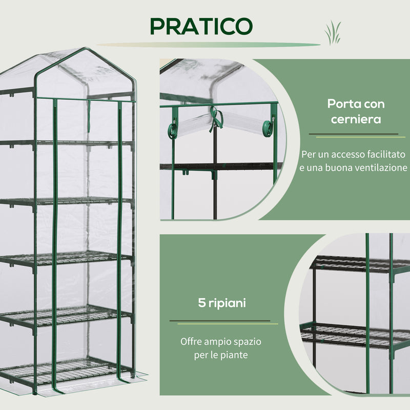 Mini Serra per Piante a 5 Ripiani 69x49x193 cm in Acciaio Verde-5