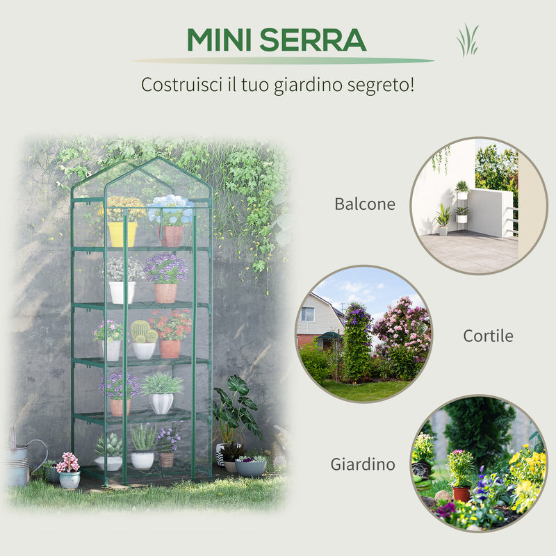 Mini Serra per Piante a 5 Ripiani 69x49x193 cm in Acciaio Verde-6