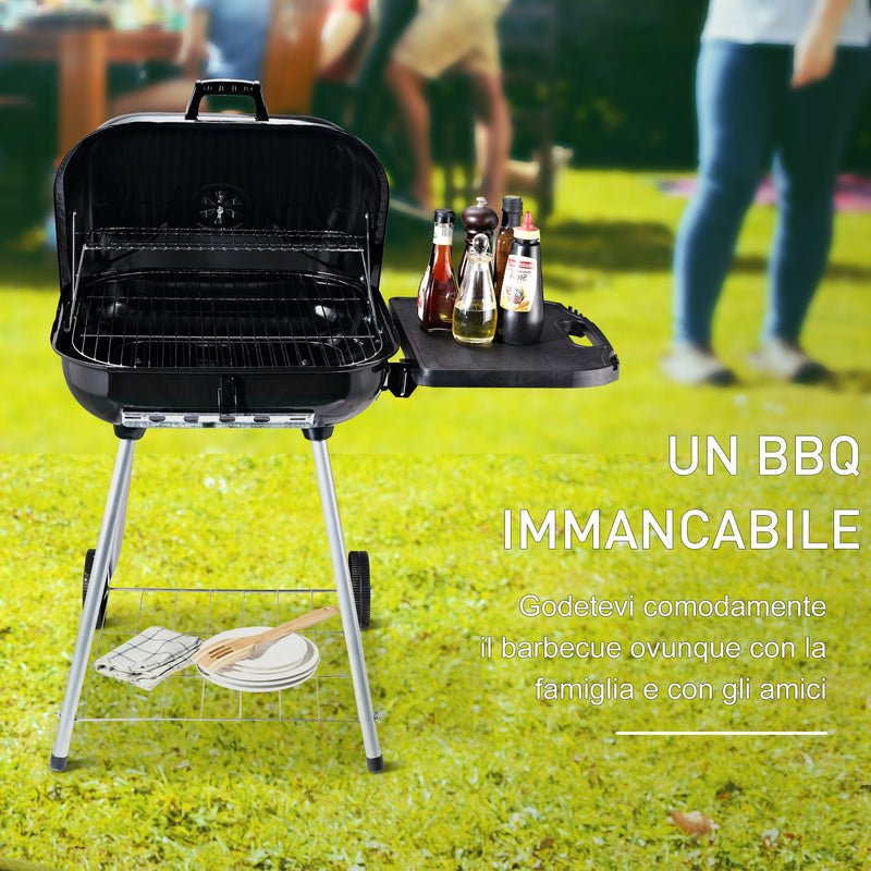 Barbecue a Carbone Carbonella con 2 Griglie Ripiano Laterale e Coperchio in Metallo Nero -4