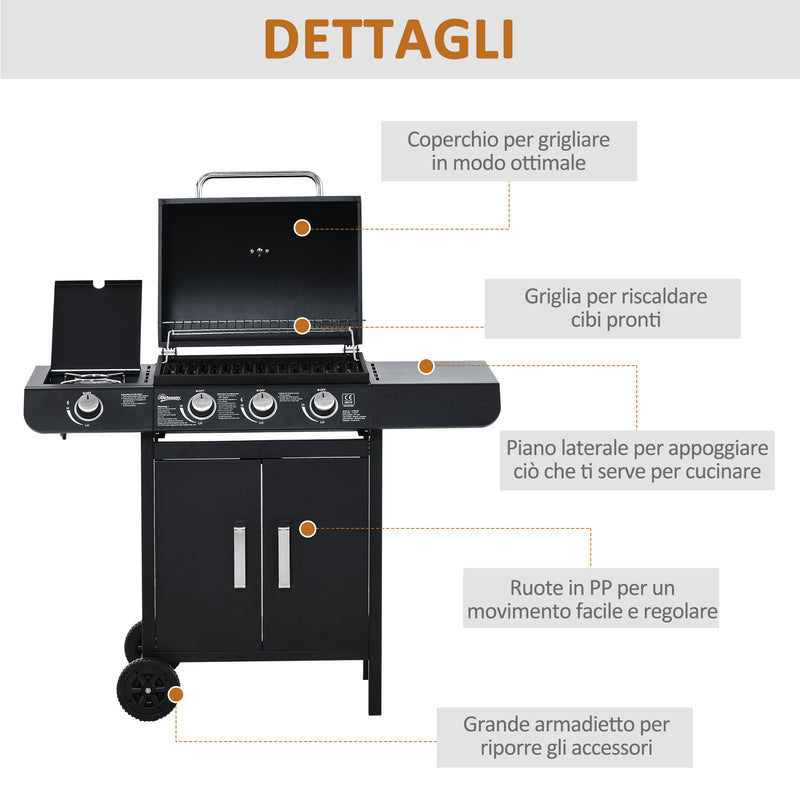 Barbecue a Gas 4 Fuochi 110x50x100 cm in Metallo Nero-7