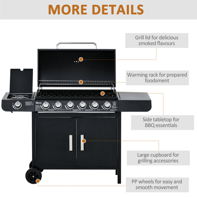 Barbecue a Gas GPL  6 Fuochi 2,8kW con Fornello Laterale Nero-7