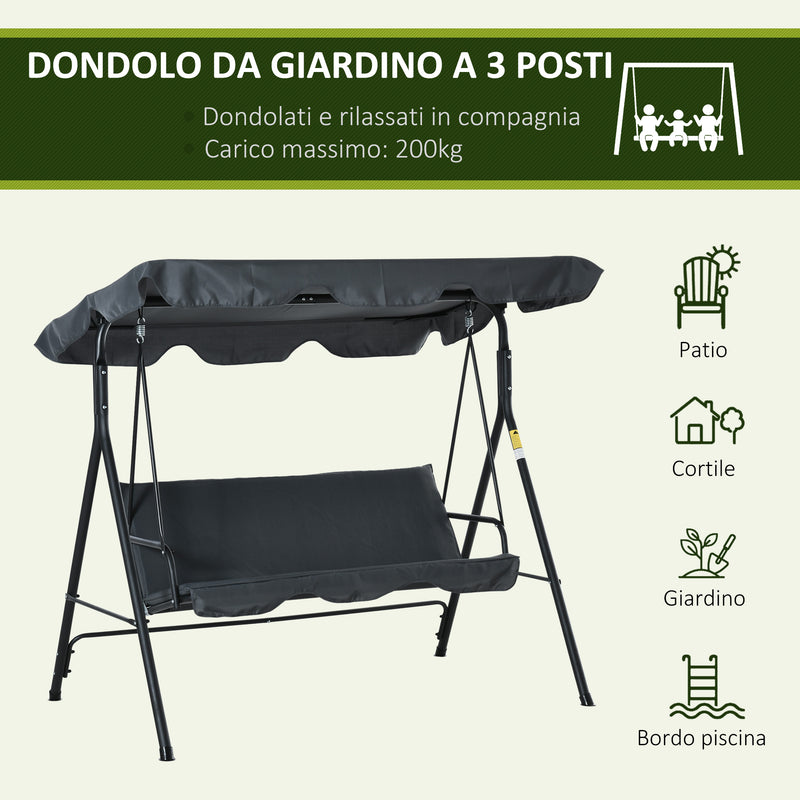 Dondolo da Giardino 3 Posti 172x120x153 cm con Tettuccio Parasole Regolabile e Cuscini Grigio-5