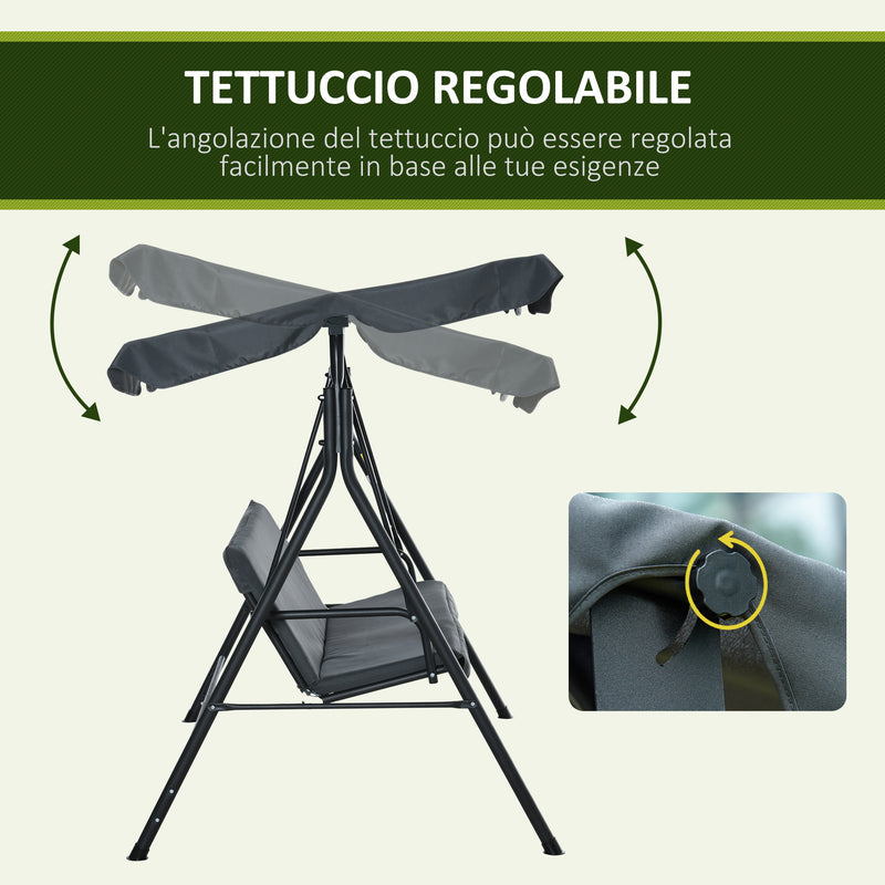 Dondolo da Giardino 3 Posti 172x120x153 cm con Tettuccio Parasole Regolabile e Cuscini Grigio-6