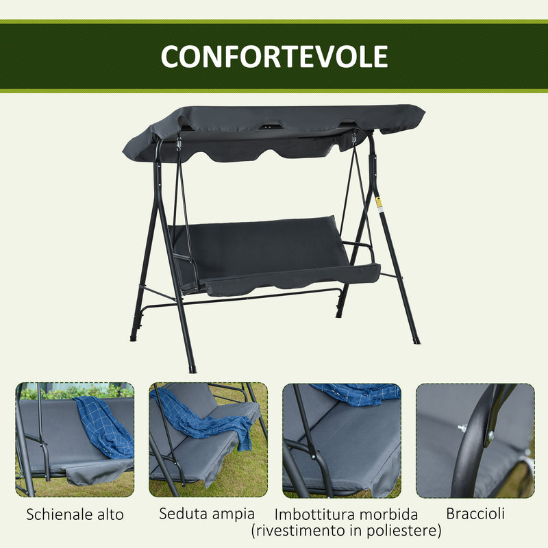 Dondolo da Giardino 3 Posti 172x120x153 cm con Tettuccio Parasole Regolabile e Cuscini Grigio-7