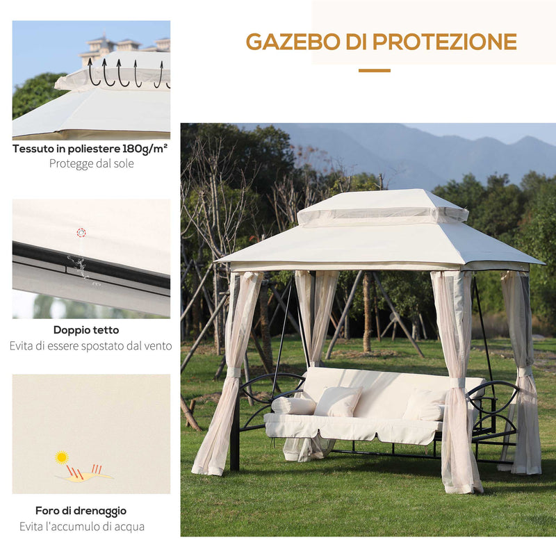 Dondolo a 3 Posti Gazebo Divano Letto con Zanzariera Beige -6