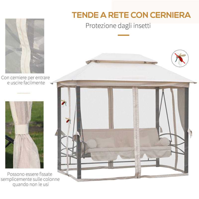 Dondolo a 3 Posti Gazebo Divano Letto con Zanzariera Beige -7