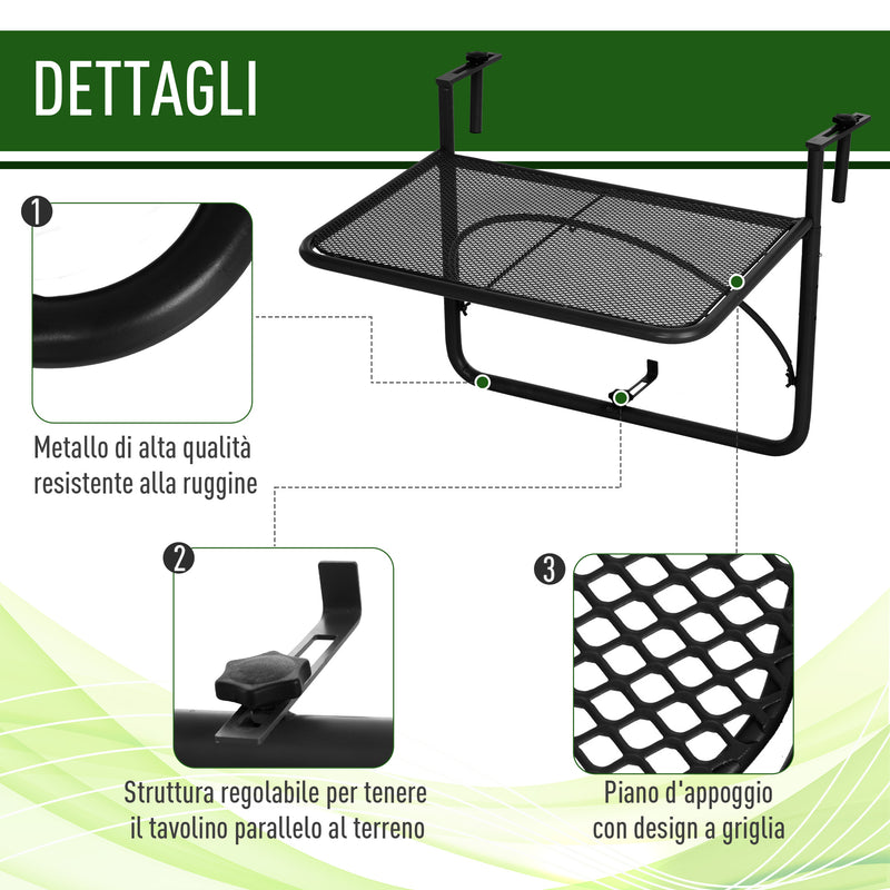 Tavolino Sospeso da Balcone Regolabile in Ferro Nero 60x56.5x45 cm -6