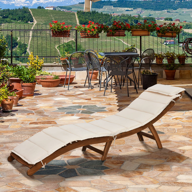 Lettino Prendisole Pieghevole da Giardino 191x54x60,5 cm in Legno con Materassino Bianco Crema-2