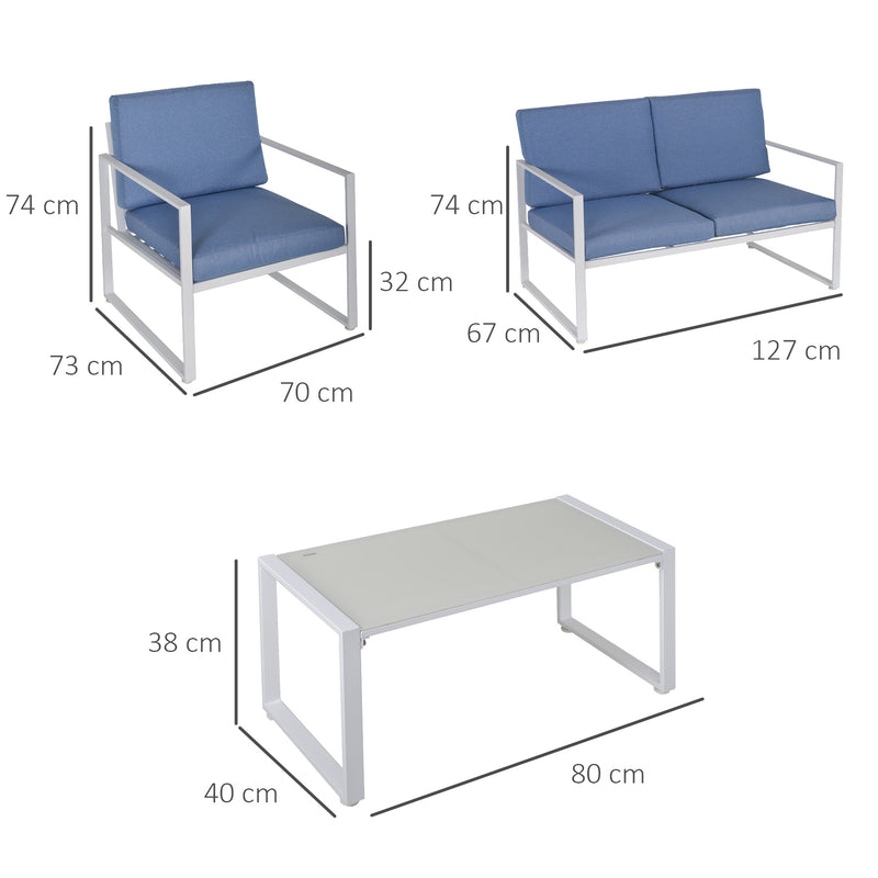 Set Salotto da Giardino Divano 2 Poltrone e Tavolino in Metallo Bianco e Blu-3