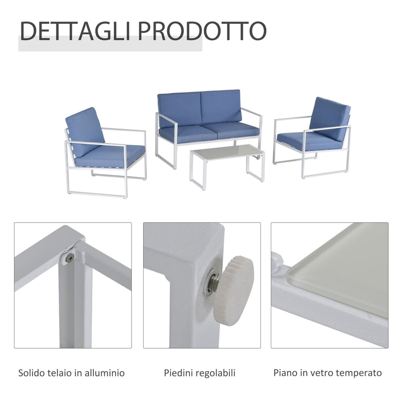 Set Salotto da Giardino Divano 2 Poltrone e Tavolino in Metallo Bianco e Blu-6