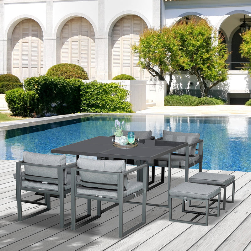 Set Tavolo con 4 Sedie e 4 Sgabelli da Giardino in Alluminio Grigio-2