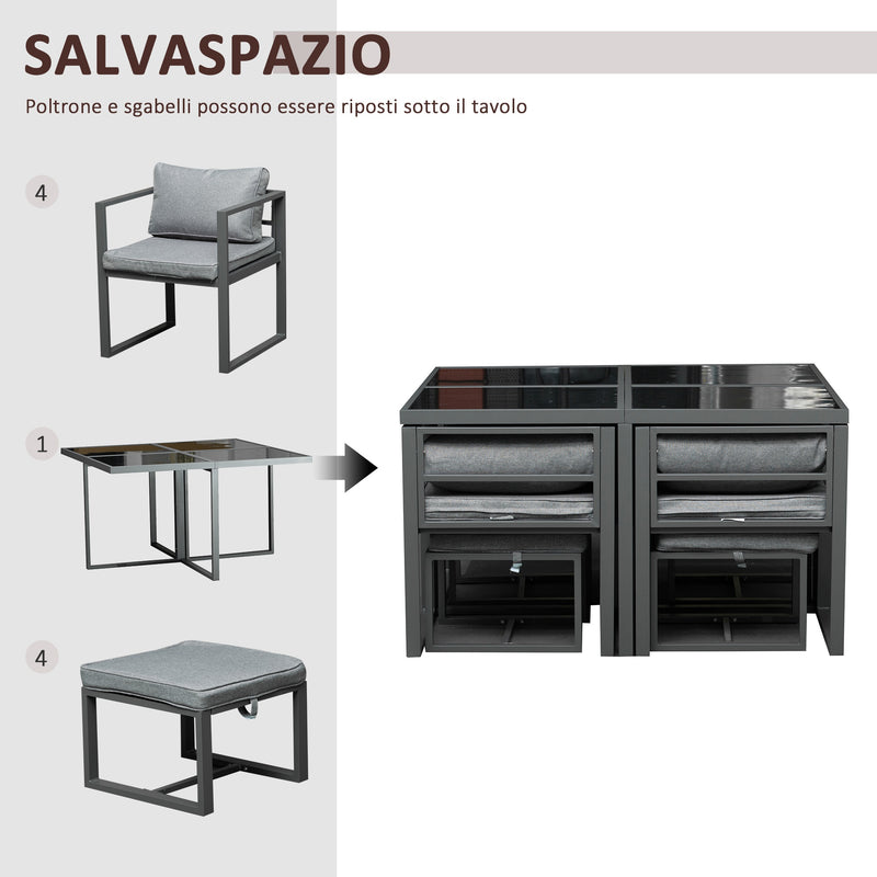 Set Tavolo con 4 Sedie e 4 Sgabelli da Giardino in Alluminio Grigio-5