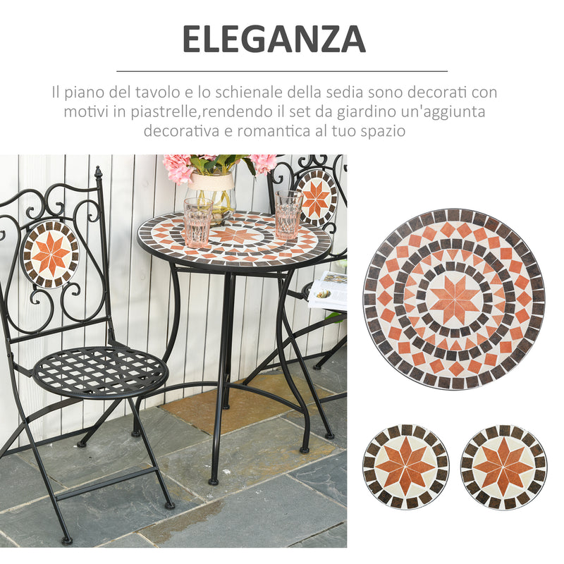 Set Tavolo e 2 Sedie Pieghevoli da Giardino  con Mosaico in Metallo Nero-4