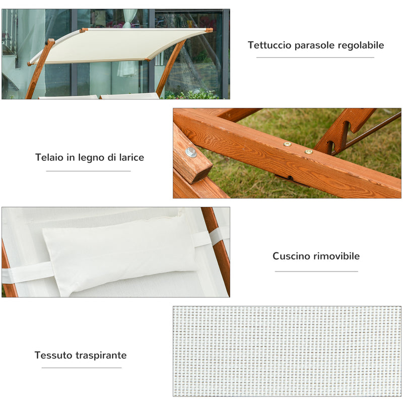 Lettino Prendisole Doppio da Giardino 210x155x175 cm in Legno e Textilene Beige-7