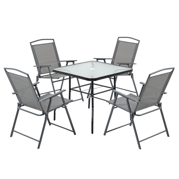 Set aus Tisch und 4 klappbaren Gartenstühlen aus Stahl mit Glasplatte und Sitzen aus schwarzem Stoff acquista