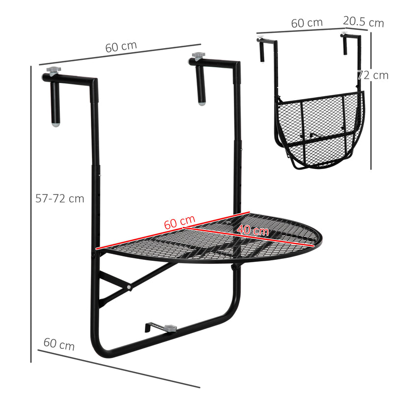 Tavolino da Ringhiera Pieghevole 60x60x57-72 cm in Metallo Nero-3