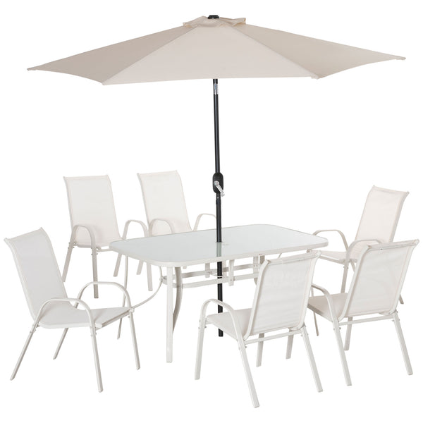 prezzo Gartentisch-Set mit 6 Stühlen und Sonnenschirm aus Metall und weißem Polyester