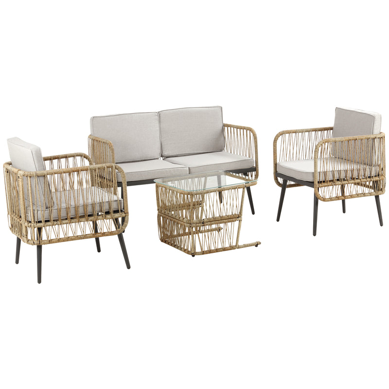 Set da Giardino Divano 2 Poltrone e Tavolino in Rattan Beige-1