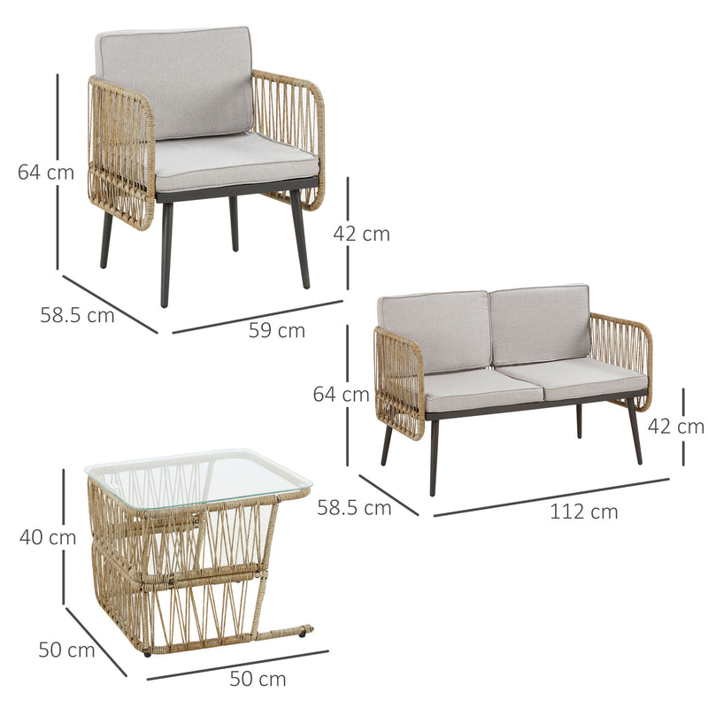 Set da Giardino Divano 2 Poltrone e Tavolino in Rattan Beige-3